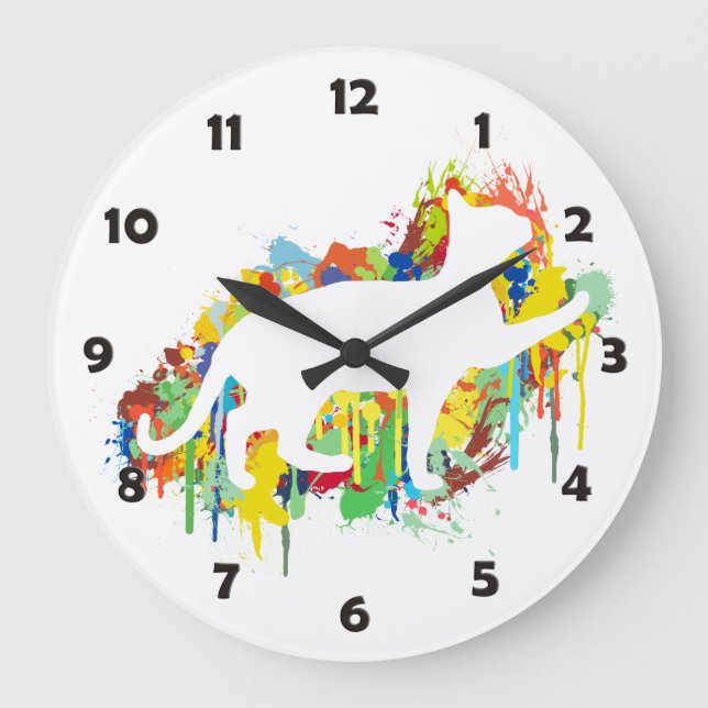 Lovely Cat Colourful Painting Splash Large Clock (Front)