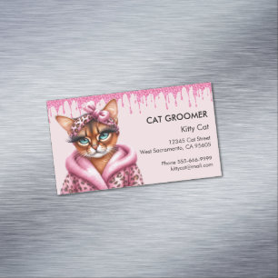 Lovely Cat Groomer Sitter Pink Glitter Dripping Magnetic Business Card