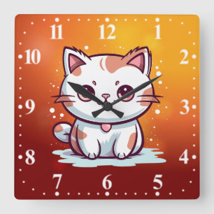 Lovely Cat Kawaii Style Clipart Square Wall Clock