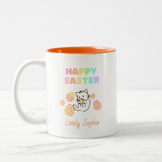 Lovely Cat with Easter Eggs Two-Tone Coffee Mug (Left)