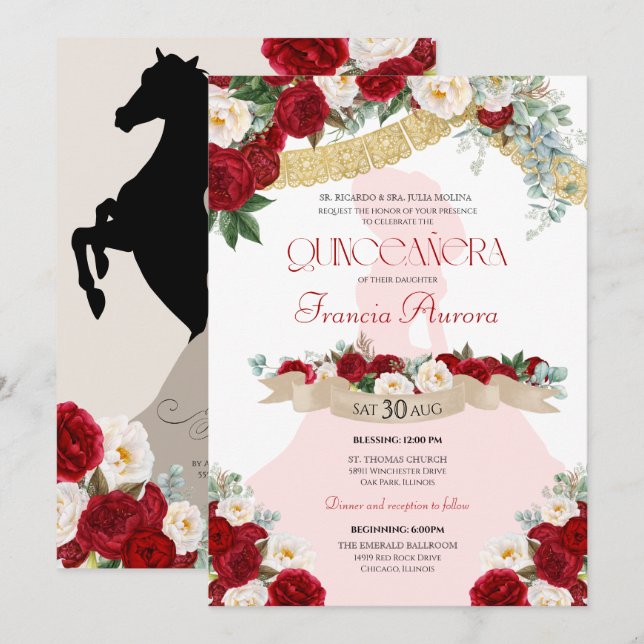 Lovely Charro Elegant Red White Floral Quinceañera Invitation (Front/Back)