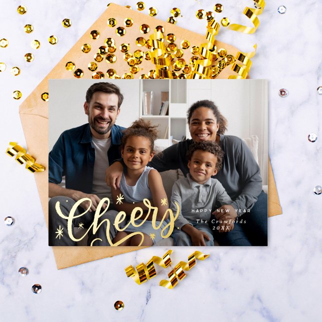 Lovely Cheers Script New Year's Photo Foil Holiday Postcard (Real gold foil "cheers" new year photo card)