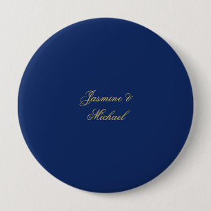 Lovely Chic Calligraphy Couple Names Blue & Gold 10 Cm Round Badge