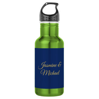 Lovely Chic Calligraphy Couple Names Blue & Gold 532 Ml Water Bottle