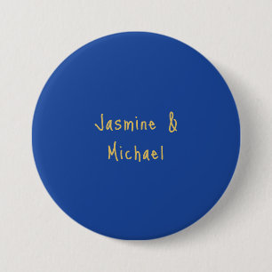 Lovely Chic Calligraphy Couple Names Blue & Gold 7.5 Cm Round Badge