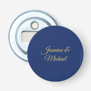 Lovely Chic Calligraphy Couple Names Blue & Gold Bottle Opener