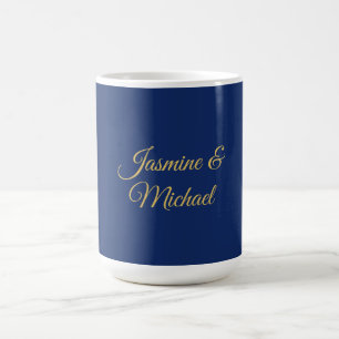 Lovely Chic Calligraphy Couple Names Blue & Gold Coffee Mug