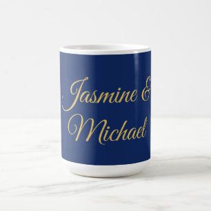Lovely Chic Calligraphy Couple Names Blue & Gold Coffee Mug