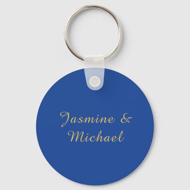 Lovely Chic Calligraphy Couple Names Blue & Gold Key Ring (Front)