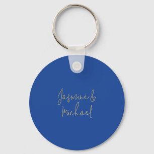 Lovely Chic Calligraphy Couple Names Blue & Gold Key Ring