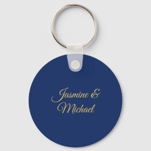 Lovely Chic Calligraphy Couple Names Blue & Gold Key Ring