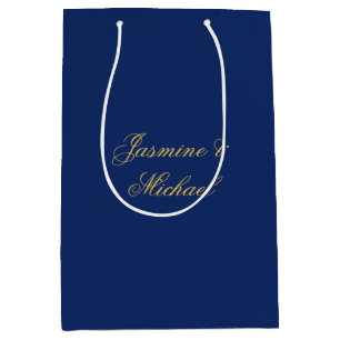 Lovely Chic Calligraphy Couple Names Blue & Gold Medium Gift Bag