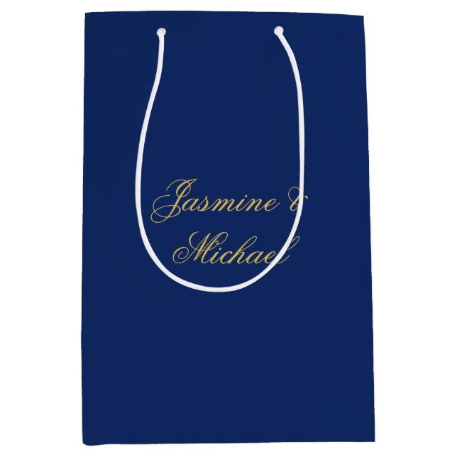Lovely Chic Calligraphy Couple Names Blue & Gold Medium Gift Bag (Front)