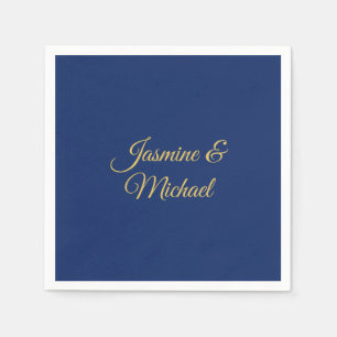Lovely Chic Calligraphy Couple Names Blue & Gold Napkin