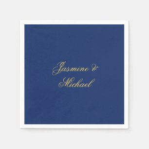 Lovely Chic Calligraphy Couple Names Blue & Gold Napkin