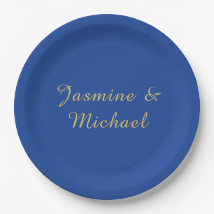 Lovely Chic Calligraphy Couple Names Blue & Gold Paper Plate