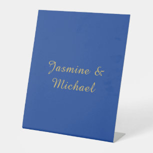 Lovely Chic Calligraphy Couple Names Blue & Gold Pedestal Sign