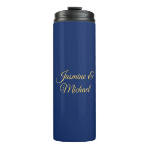Lovely Chic Calligraphy Couple Names Blue & Gold Thermal Tumbler