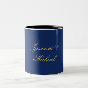 Lovely Chic Calligraphy Couple Names Blue & Gold Two-Tone Coffee Mug