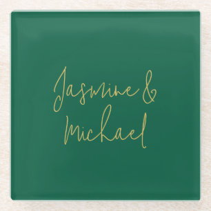 Lovely Chic Calligraphy Couple Names Green & Gold Glass Coaster