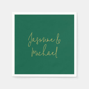 Lovely Chic Calligraphy Couple Names Green & Gold Napkin