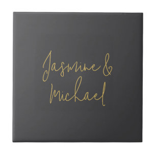 Lovely Chic Calligraphy Couple Names Grey & Gold Ceramic Tile