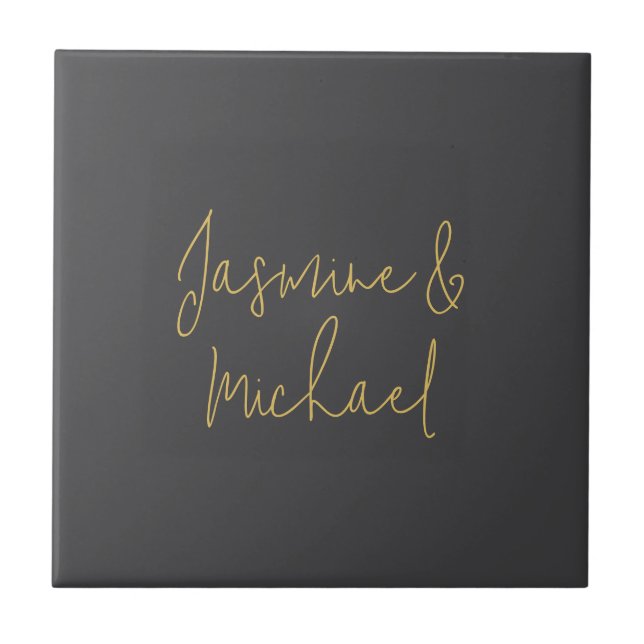 Lovely Chic Calligraphy Couple Names Grey & Gold Ceramic Tile (Front)