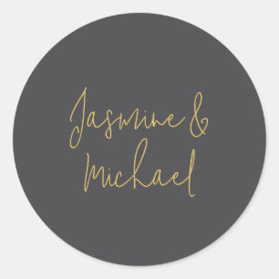 Lovely Chic Calligraphy Couple Names Grey & Gold Classic Round Sticker