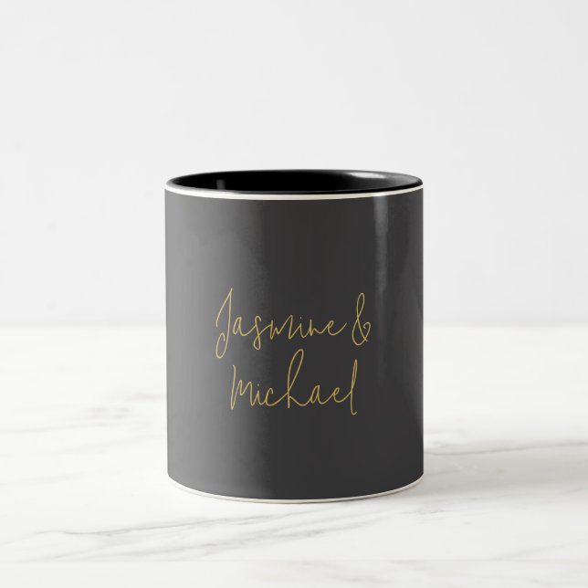 Lovely Chic Calligraphy Couple Names Grey & Gold Two-Tone Coffee Mug (Center)