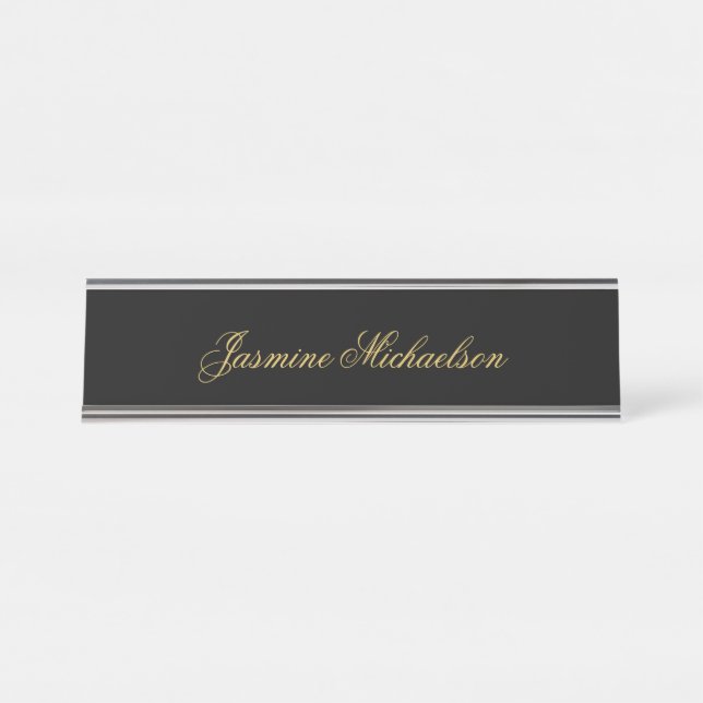 Lovely Chic Calligraphy Name Black & Gold Desk Name Plate (Front)