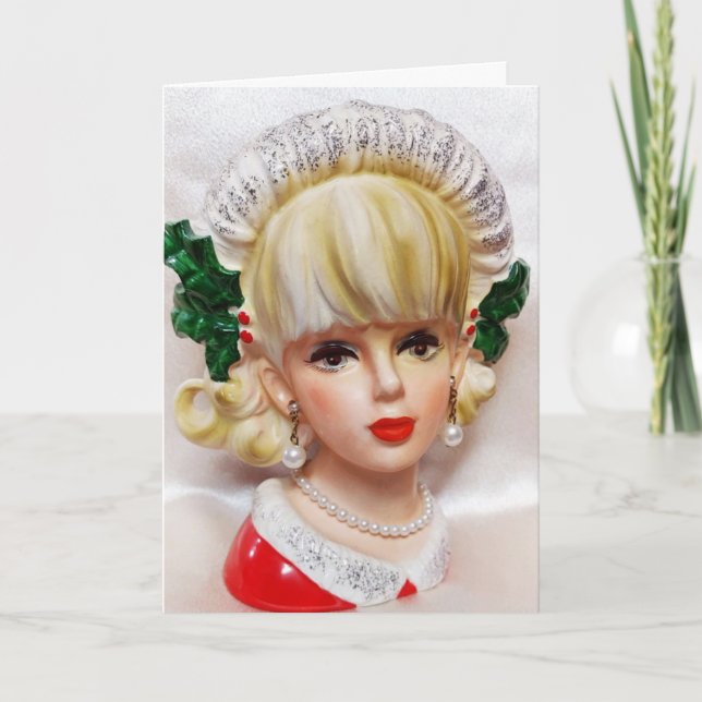 Lovely Christmas Girl Head Vase Holly and Fur Card (Front)