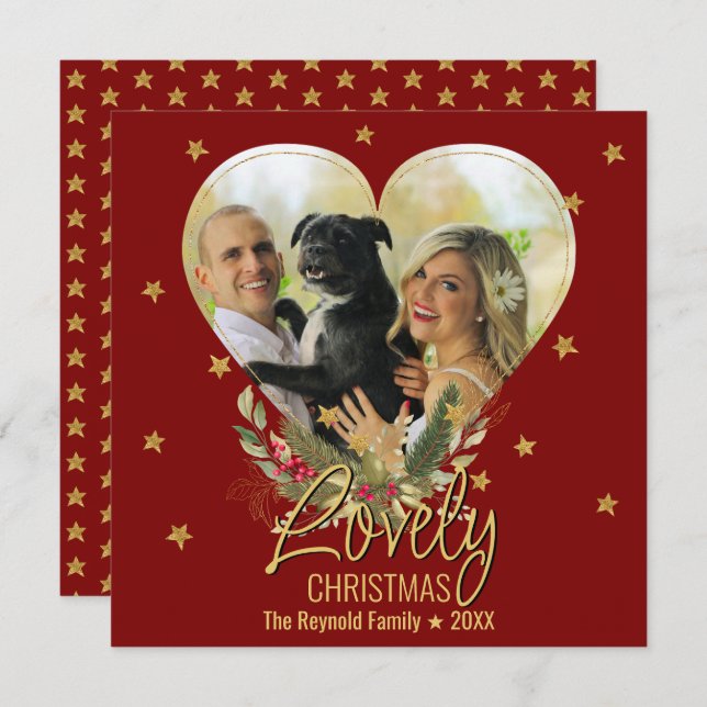 Lovely Christmas Photo Heart Gold Glitter Star Red Holiday Card (Front/Back)