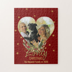 Lovely Christmas Photo Heart Gold Glitter Star Red Jigsaw Puzzle