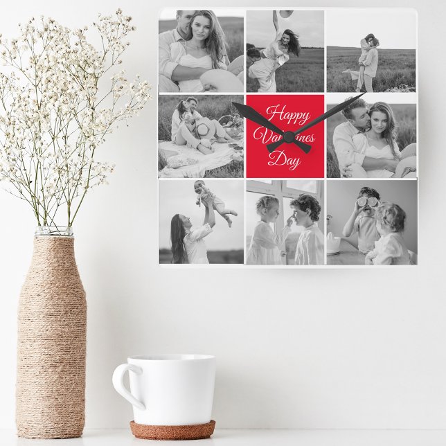 Lovely Collage Couple Photo & Happy Valentines Day Square Wall Clock (Creator Uploaded)