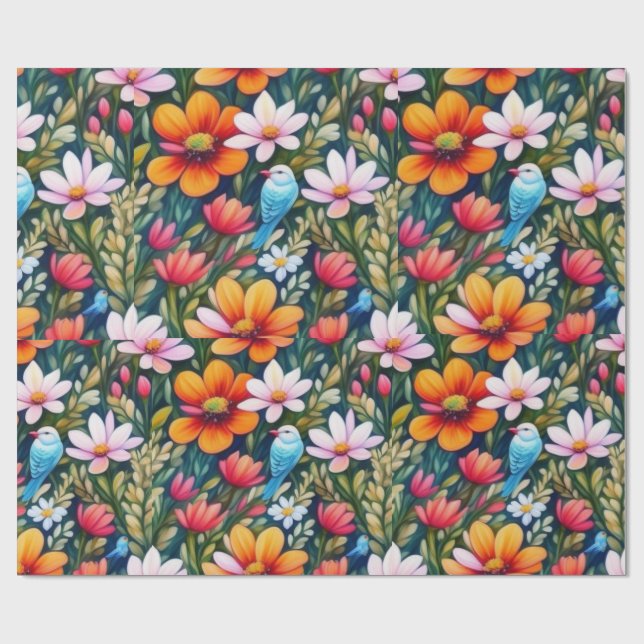 Lovely colourful flowers and birds Wrapping Paper (Flat)