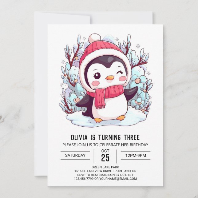 Lovely Colourful Penguin Digital Birthday Invitation (Front)