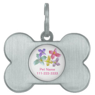 Lovely colourful pink, blue, purple, yellow flower pet name tag
