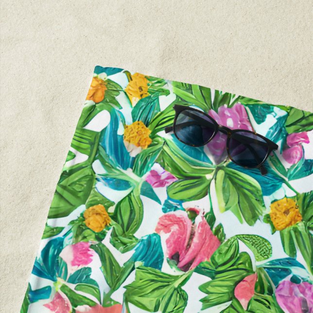 Lovely colourful summer flower pattern green pink  beach towel (In Situ)