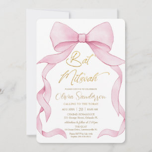 Lovely Coquette Pink Ribbon Bows Bat Mitzvah  Invitation