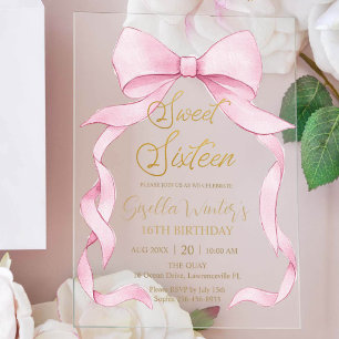 Lovely Coquette Pink Ribbon Bows Sweet 16 Birthday Acrylic Invitations