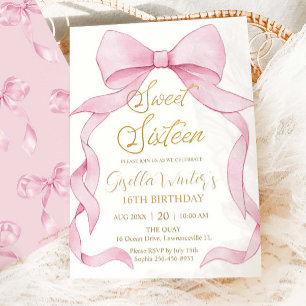 Lovely Coquette Pink Ribbon Bows Sweet 16 Birthday Invitation