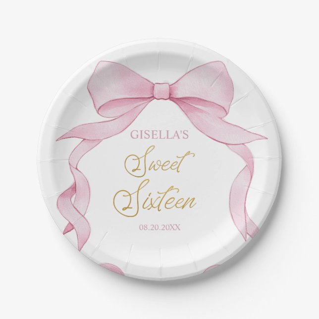 Lovely Coquette Pink Ribbon Bows Sweet 16 Sixteen  Paper Plate (Front)