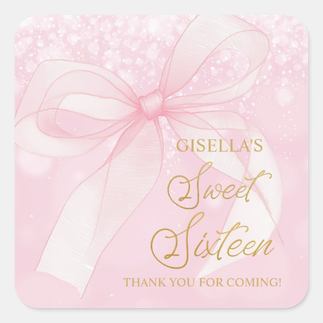 Lovely Coquette Pink Ribbon Bows Sweet 16 Sixteen Square Sticker (Front)