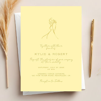 Lovely Couple Drawn Script Butter Yellow Wedding Invitation