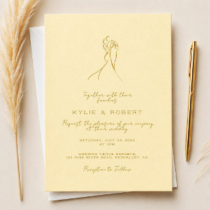 Lovely Couple Drawn Script Butter Yellow Wedding Invitation