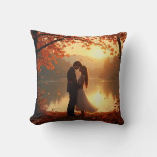 Lovely couple on the lakeside in autumn  cushion