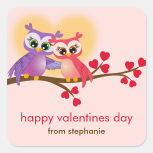 Lovely Couple Owls on a Branch Valentines Day Square Sticker