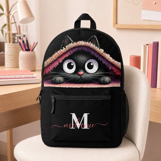 Lovely Cute Black Kitten Custom Monogram Name  Printed Backpack (Lovely Cute Kitten Custom Monogram Script Name Printed Backpack)