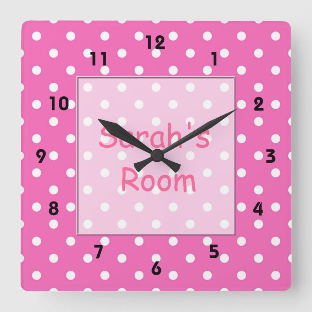 Lovely, cute customise, personal pink polka dots square wall clock (Front)