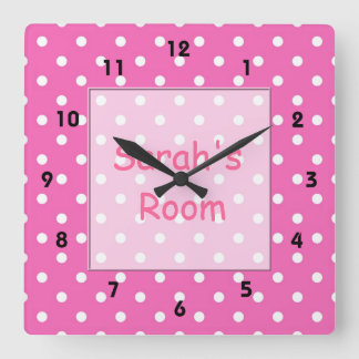 Lovely, cute customise, personal pink polka dots square wall clock